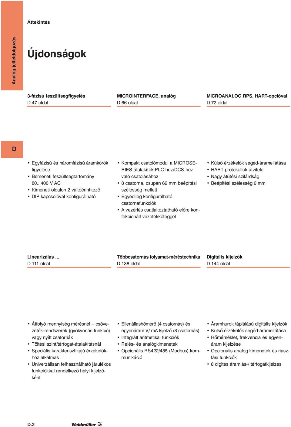 ..400 V AC i oldalon 2 váltóérintkező IP kapcsolóval konfigurálható Kompakt csatolómodul a MICROSE- RIES átalakítók PLC-hez/CS-hez való csatolásához 8 csatorna, csupán 62 mm beépítési szélesség