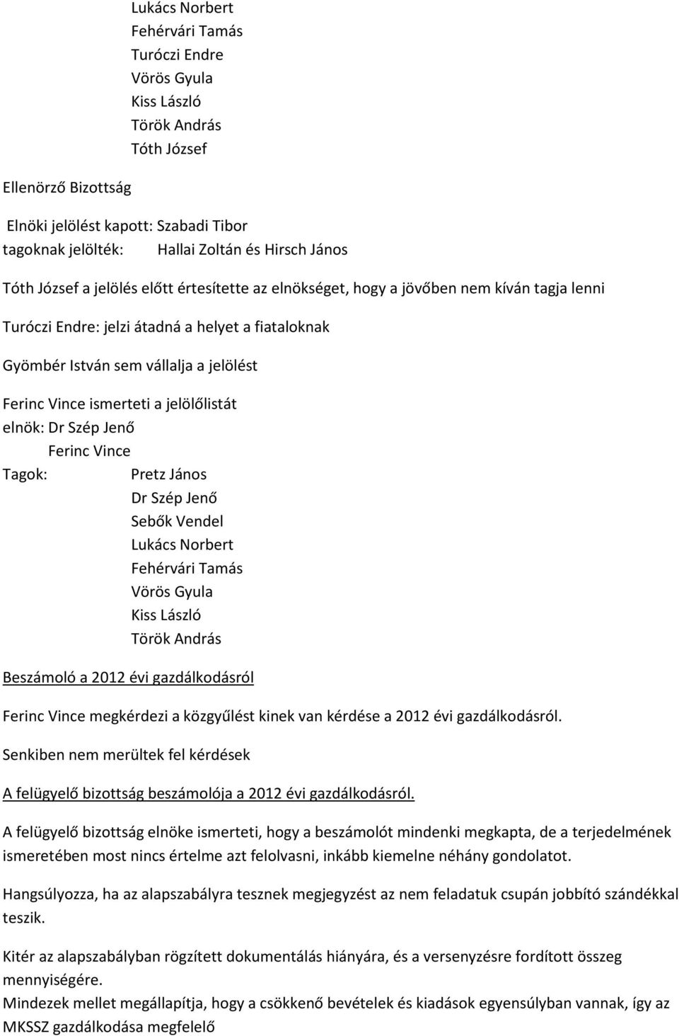 Vince ismerteti a jelölőlistát elnök: Dr Szép Jenő Ferinc Vince Tagok: Pretz János Dr Szép Jenő Sebők Vendel Lukács Norbert Fehérvári Tamás Vörös Gyula Kiss László Török András Beszámoló a 2012 évi