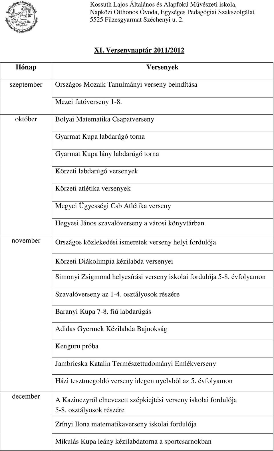 Hegyesi János szavalóverseny a városi könyvtárban november Országos közlekedési ismeretek verseny helyi fordulója Körzeti Diákolimpia kézilabda versenyei Simonyi Zsigmond helyesírási verseny iskolai