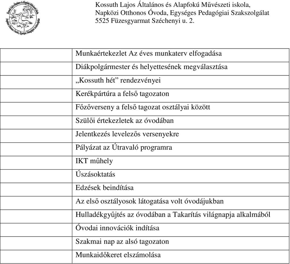 Pályázat az Útravaló programra IKT műhely Úszásoktatás Edzések beindítása Az első osztályosok látogatása volt óvodájukban