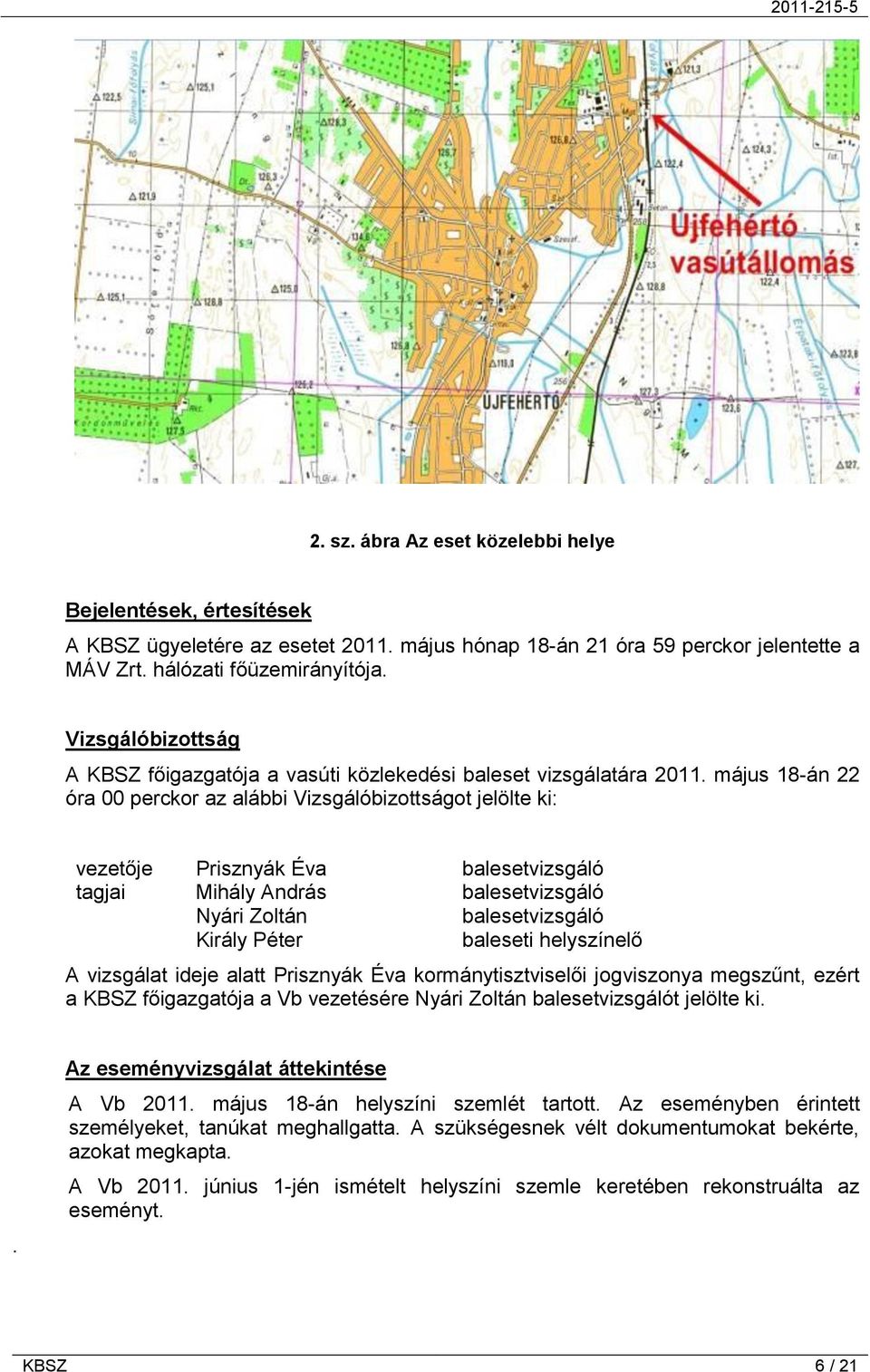 május 18-án 22 óra 00 perckor az alábbi Vizsgálóbizottságot jelölte ki: vezetője Prisznyák Éva balesetvizsgáló tagjai Mihály András balesetvizsgáló Nyári Zoltán balesetvizsgáló Király Péter baleseti