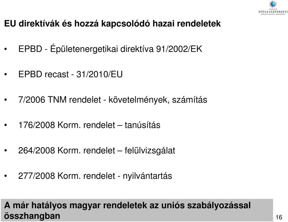 176/2008 Korm. rendelet tanúsítás 264/2008 Korm. rendelet felülvizsgálat 277/2008 Korm.