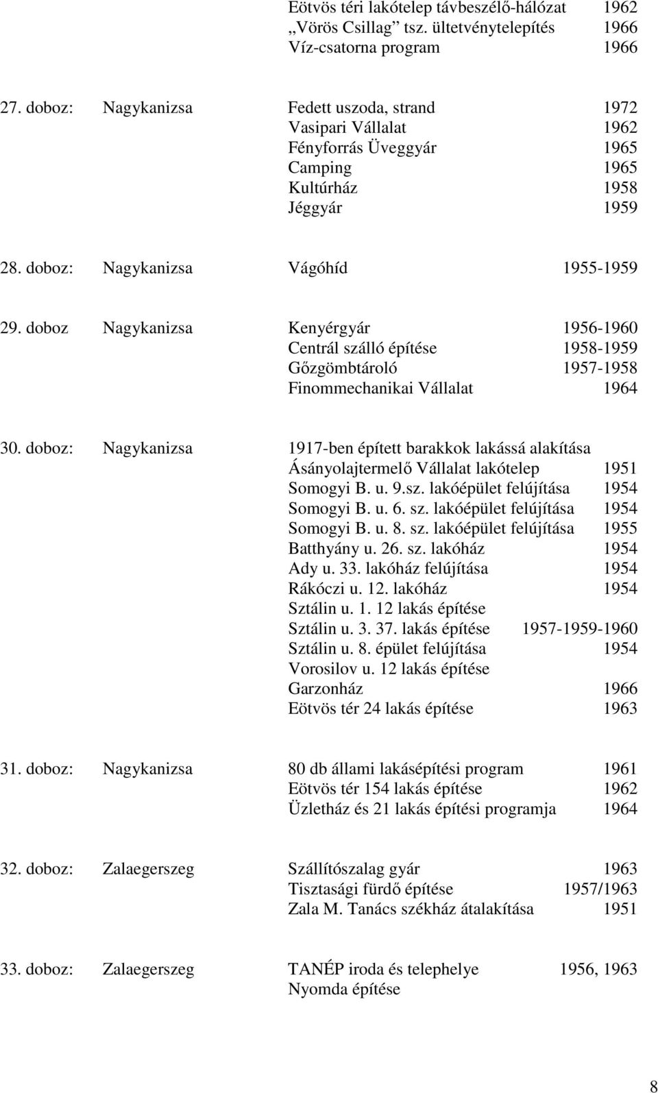 doboz Nagykanizsa Kenyérgyár 1956-1960 Centrál szálló építése 1958-1959 Gőzgömbtároló 1957-1958 Finommechanikai Vállalat 1964 30.