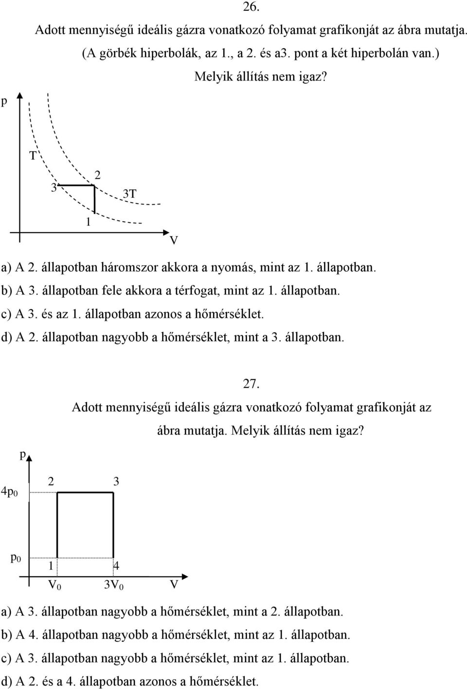 állaotban nagyobb a hőmérséklet, mint a 3. állaotban. 7. Adott mennyiségű ideális gázra vonatkozó folyamat grafikonját az ábra mutatja. Melyik állítás nem igaz? 4 0 3 0 4 0 3 0 a) A 3.