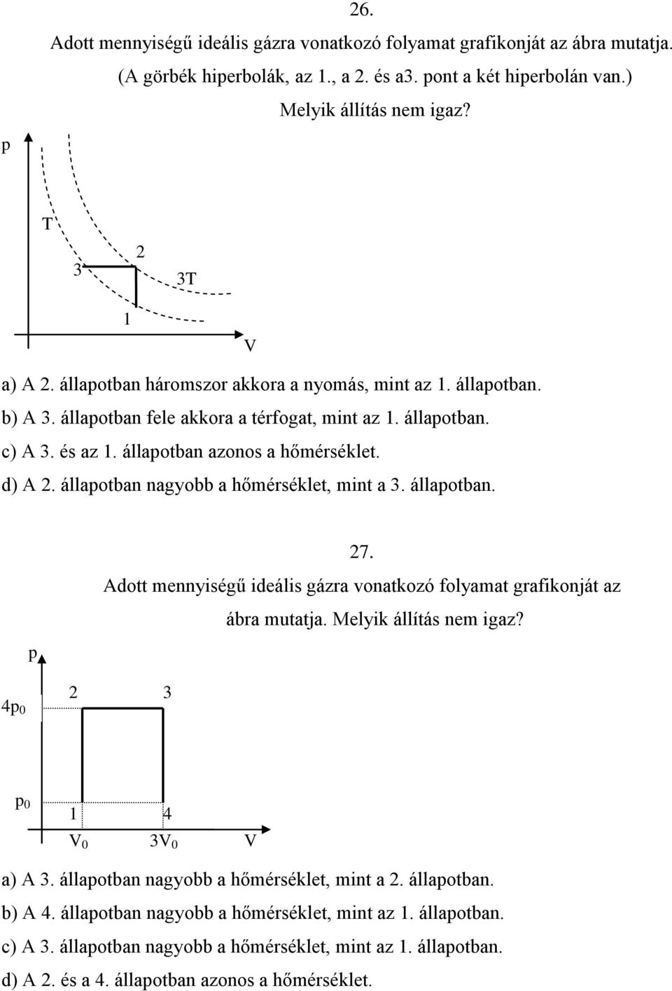 állaotban nagyobb a hőmérséklet, mint a 3. állaotban. 7. Adott mennyiségű ideális gázra vonatkozó folyamat grafikonját az ábra mutatja. Melyik állítás nem igaz? 4 0 3 0 4 0 3 0 a) A 3.