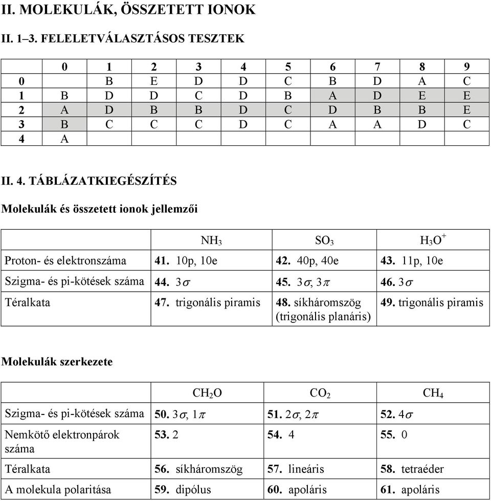 trigonális piramis Molekulák szerkezete CH 2 C 2 CH 4 Szigma- és pi-kötések száma 50. 3σ, 1π 51. 2σ, 2π 52. 4σ Nemkötő elektronpárok száma 53. 2 54. 4 55. 0 Téralkata 56.