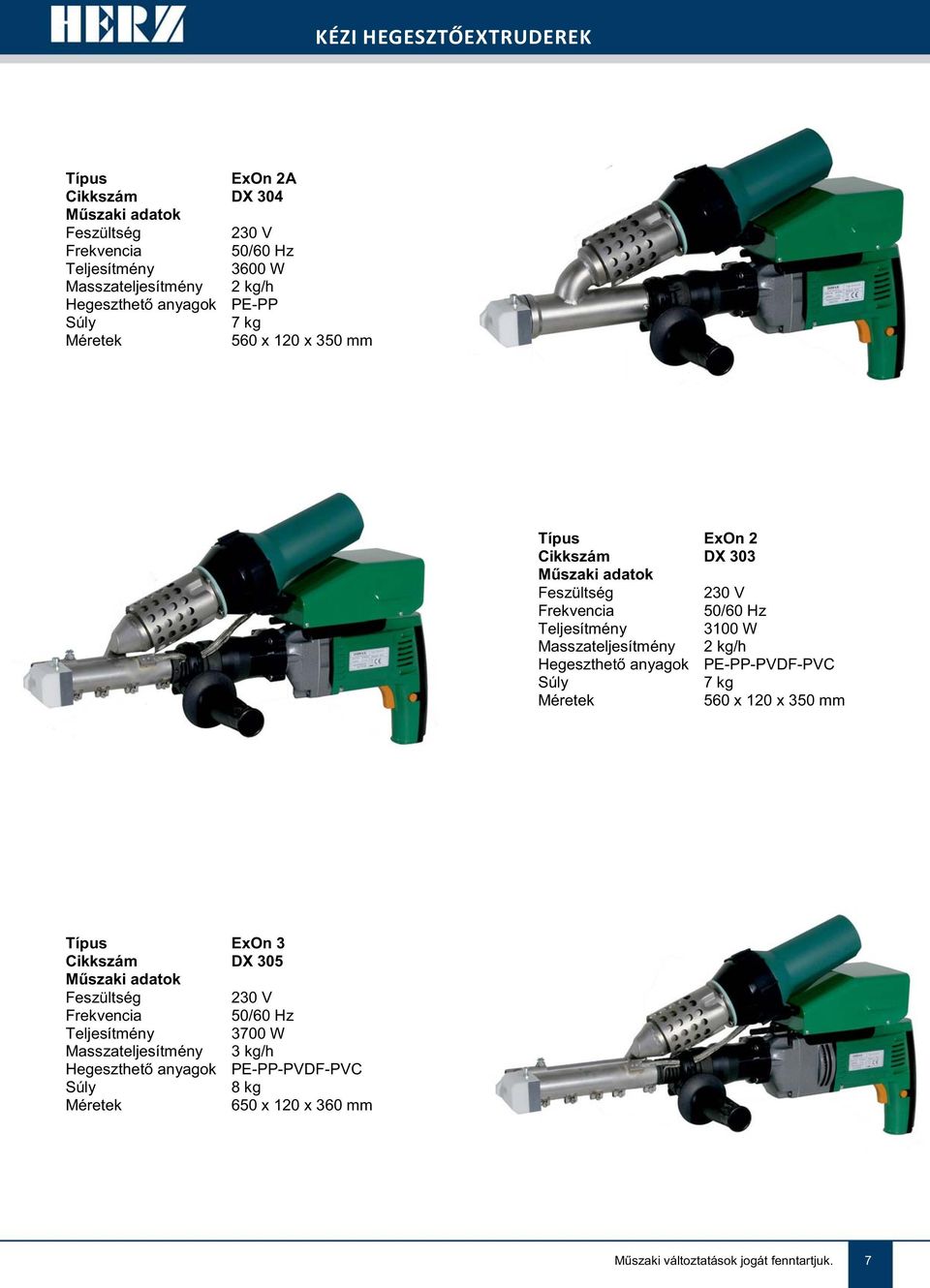 Hegeszthető anyagok PE-PP-PVDF-PVC 7 kg 560x120x350 ExOn 3 DX 305 Teljesítmény 3700 W