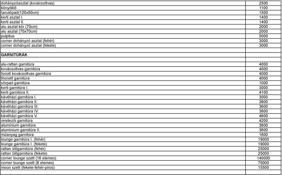 garnitúra 4000 fonott kovácsoltvas garnitúra 4000 thonett garnitúra 4000 sörpad garnitúra 1000 kerti garnitúra I. 3000 kerti garnitúra II. 4100 kávéházi garnitúra I. 3000 kávéházi garnitúra II.