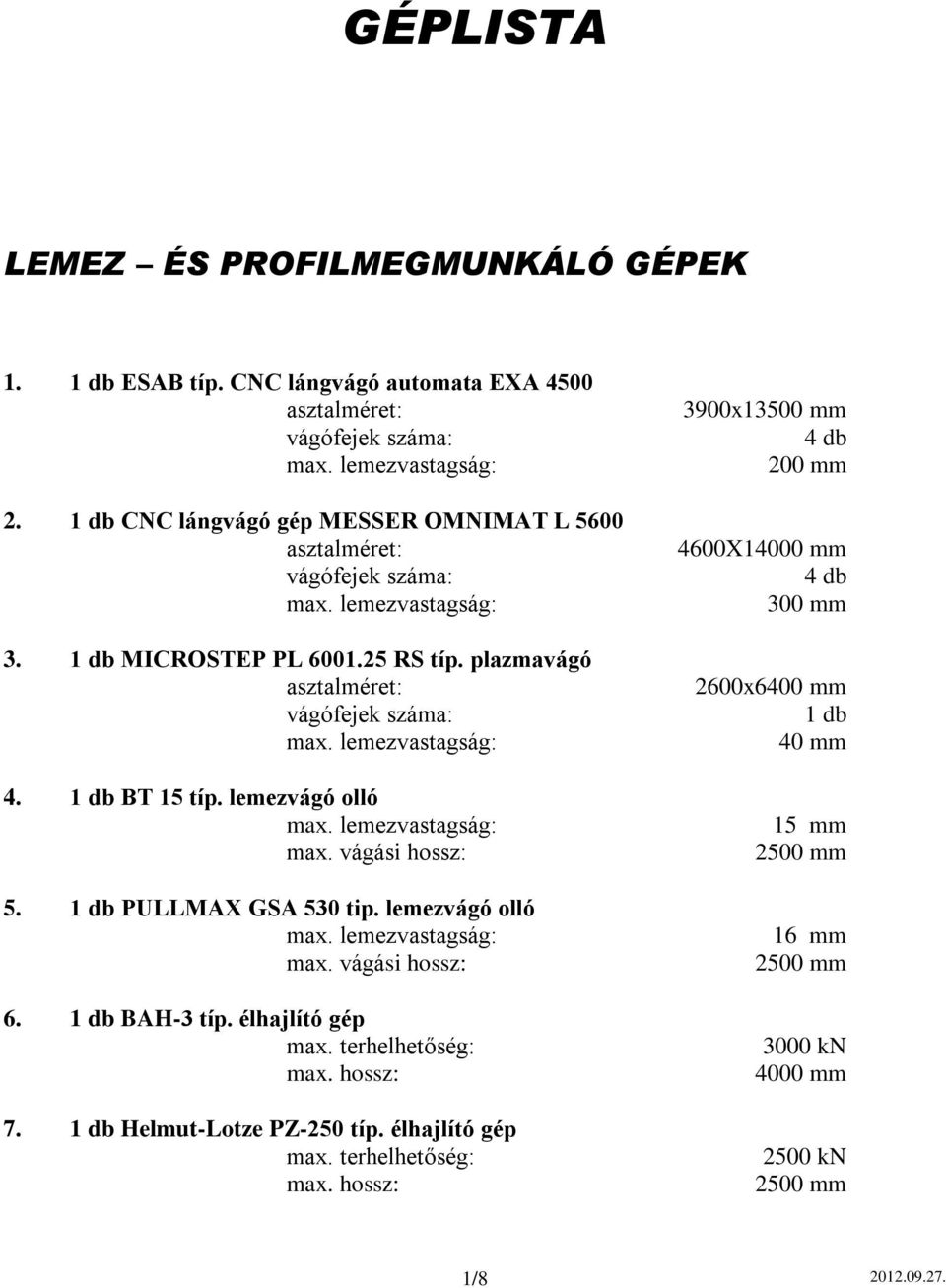 lemezvágó olló max. vágási hossz: 5. 1 db PULLMAX GSA 530 tip. lemezvágó olló max. vágási hossz: 6. 1 db BAH-3 típ. élhajlító gép max. terhelhetőség: max.