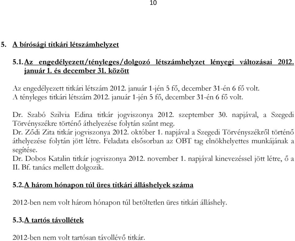 napjával, a Szegedi Törvényszékre történő áthelyezése folytán szűnt meg. Dr. Ződi Zita titkár jogviszonya 2012. október 1. napjával a Szegedi Törvényszékről történő áthelyezése folytán jött létre.