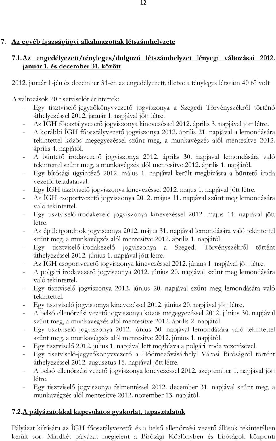 Törvényszékről történő áthelyezéssel 2012. január 1. napjával jött létre. - Az ÍGH főosztályvezető jogviszonya kinevezéssel 2012. április 3. napjával jött létre. - A korábbi ÍGH főosztályvezető jogviszonya 2012.