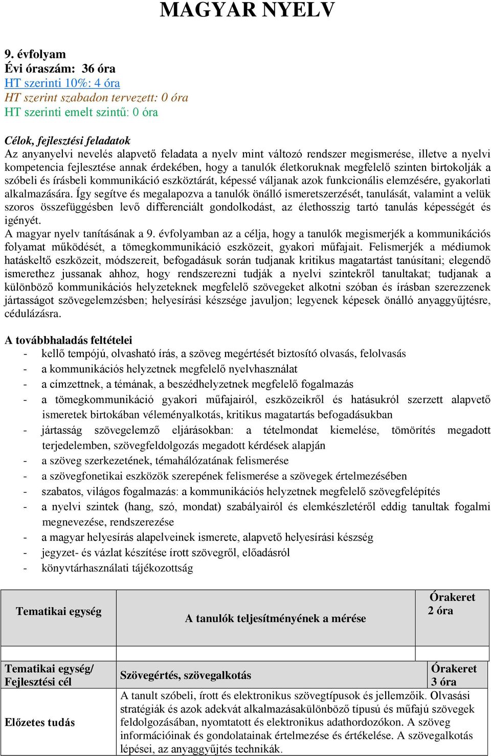 mint változó rendszer megismerése, illetve a nyelvi kompetencia fejlesztése annak érdekében, hogy a tanulók életkoruknak megfelelő szinten birtokolják a szóbeli és írásbeli kommunikáció eszköztárát,