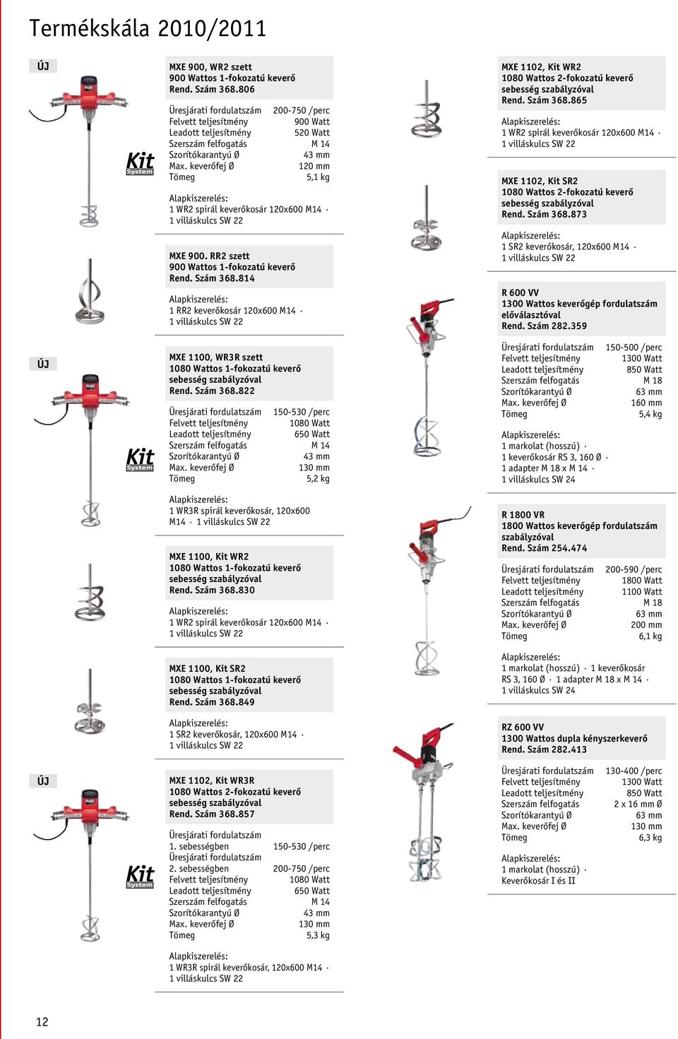 814 1 RR2 keverőkosár 120x600 M14 1 villáskulcs SW 22 MXE 1100, WR3R szett 1080 Wattos 1-fokozatú keverő sebesség szabályzóval Rend. Szám 368.