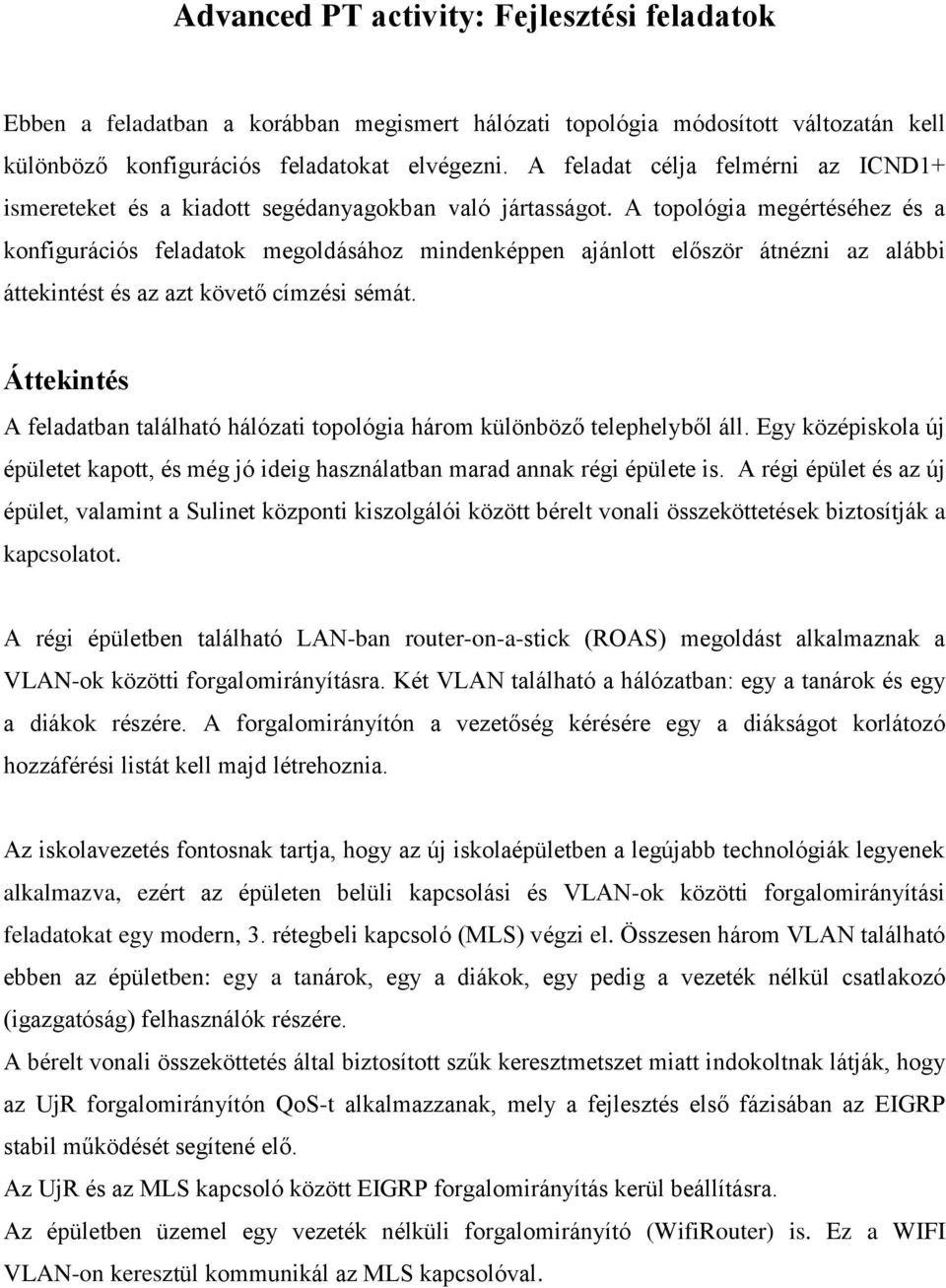 A topológia megértéséhez és a konfigurációs feladatok megoldásához mindenképpen ajánlott először átnézni az alábbi áttekintést és az azt követő címzési sémát.