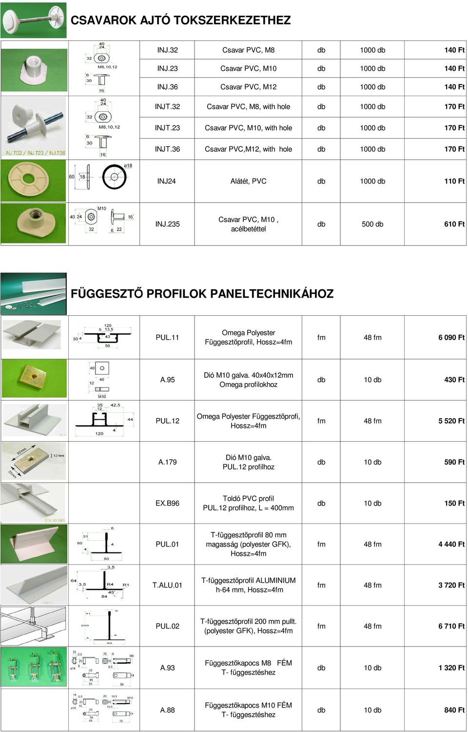 235 Csavar PVC, M10, acélbetéttel 500 610 Ft FÜGGESZT PROFILOK PANELTECHNIKÁHOZ PUL.11 Omega Polyester Függeszt profil, Hossz=4fm fm 48 fm 6 090 Ft A.95 Dió M10 galva.