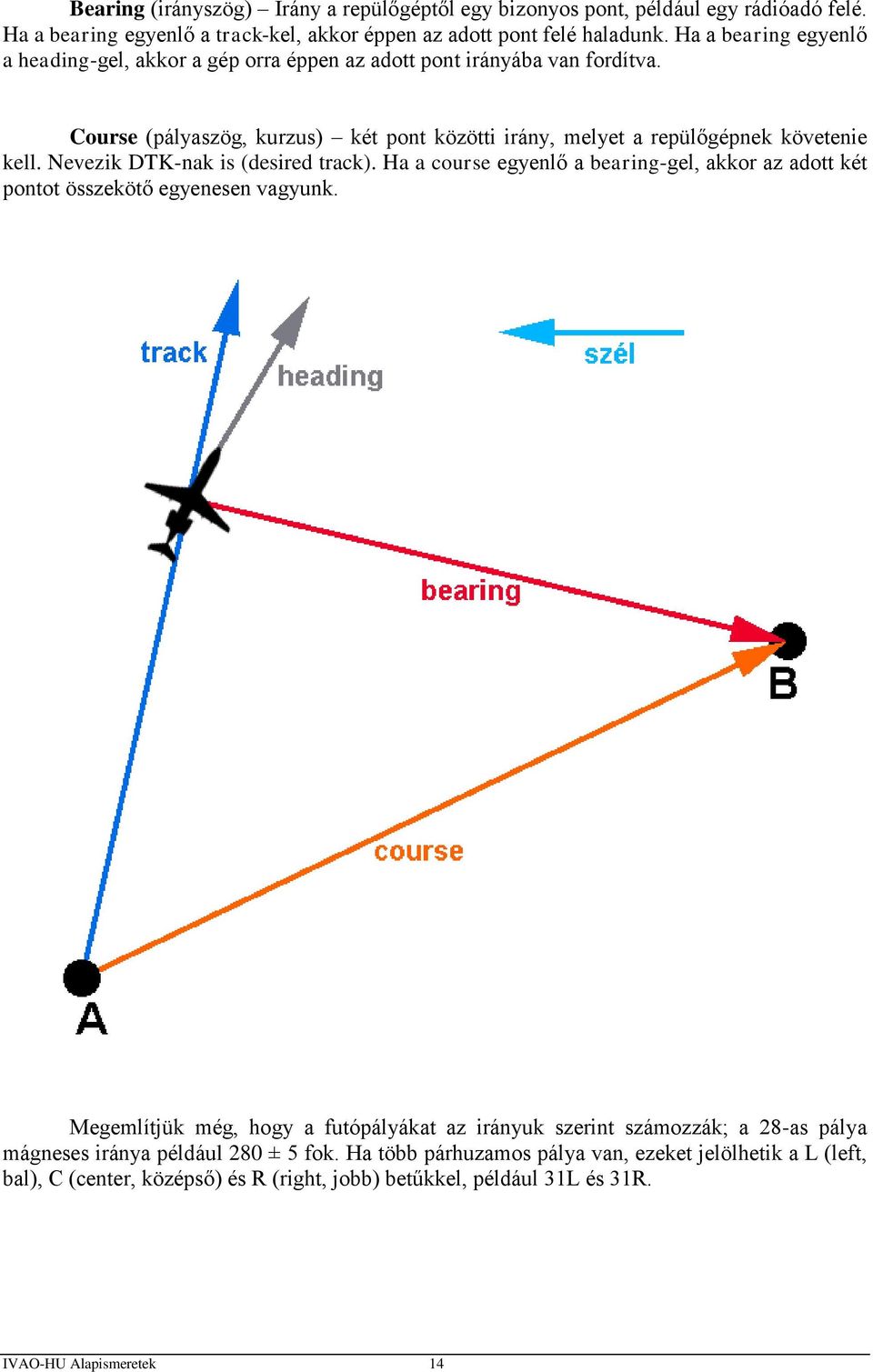 Nevezik DTK-nak is (desired track). Ha a course egyenlő a bearing-gel, akkor az adott két pontot összekötő egyenesen vagyunk.