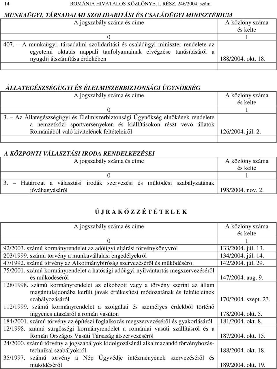 /2004. okt. 18. ÁLLATEGÉSZSÉGÜGYI ÉS ÉLELMISZERBIZTONSÁGI ÜGYNÖKSÉG 3.