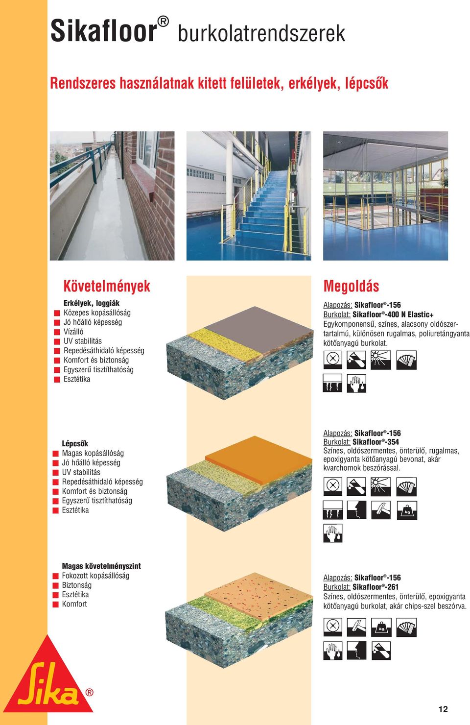 Lépcsôk UV stabilitás Repedésáthidaló képesség Burkolat: Sikafloor -354 epoxigyanta kötôanyagú bevonat, akár kvarchomok beszórással.