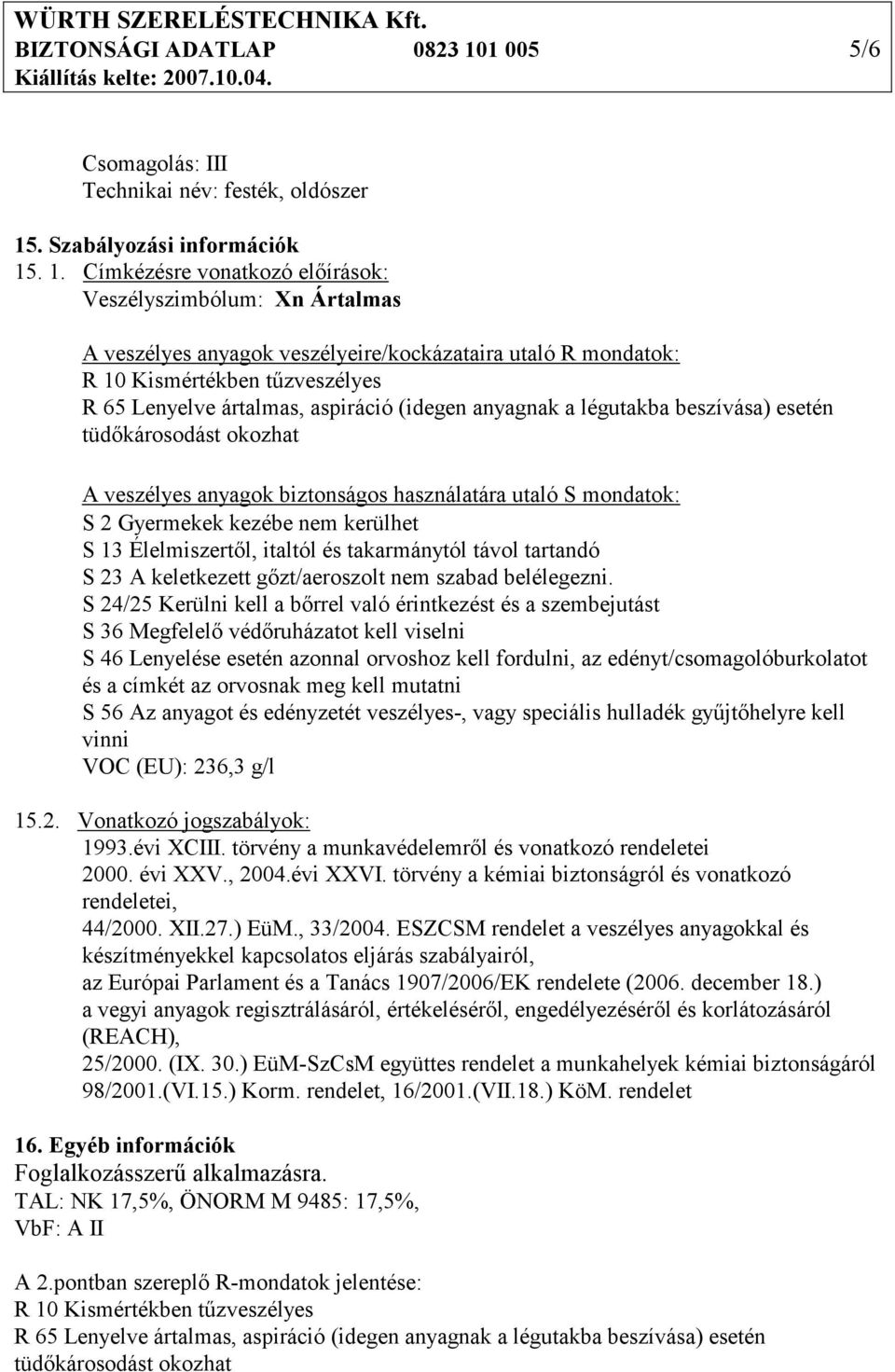 . Szabályozási információk 15