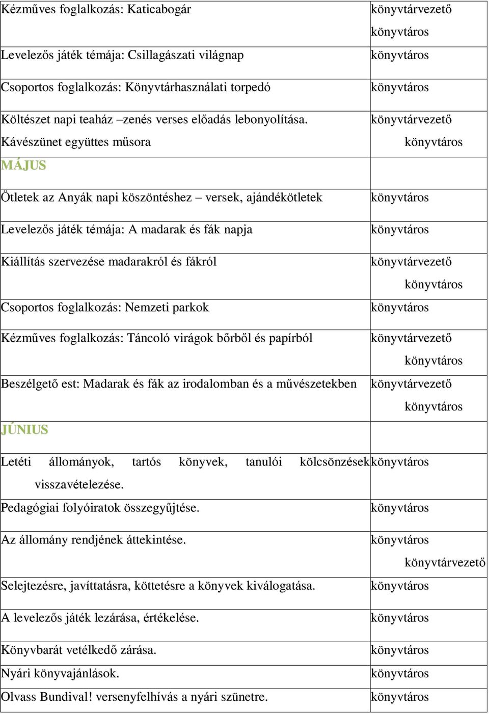 foglalkozás: Nemzeti parkok Kézműves foglalkozás: Táncoló virágok bőrből és papírból Beszélgető est: Madarak és fák az irodalomban és a művészetekben JÚNIUS Letéti állományok, tartós könyvek, tanulói