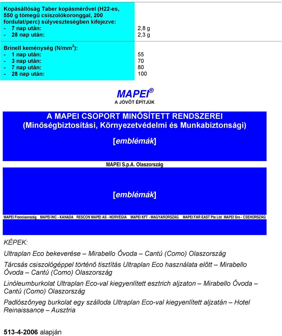 MAGYARORSZÁG MAPEI FAR EAST Pte Ltd MAPEI Sro - CSEHORSZÁG KÉPEK: Ultraplan Eco bekeverése Mirabello Óvoda Cantú (Como) Olaszország Tárcsás csiszológéppel történő tisztítás Ultraplan Eco használata