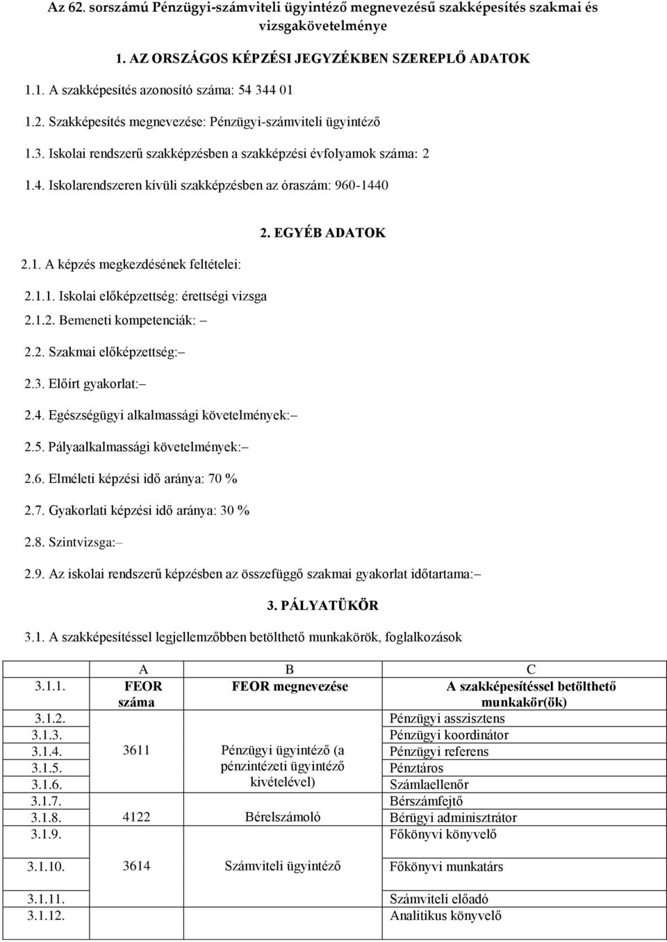 1.1. Iskolai előképzettség: érettségi vizsga 2.1.2. Bemeneti kompetenciák: 2.2. Szakmai előképzettség: 2.3. Előírt gyakorlat: 2.4. Egészségügyi alkalmassági követelmények: 2.5.