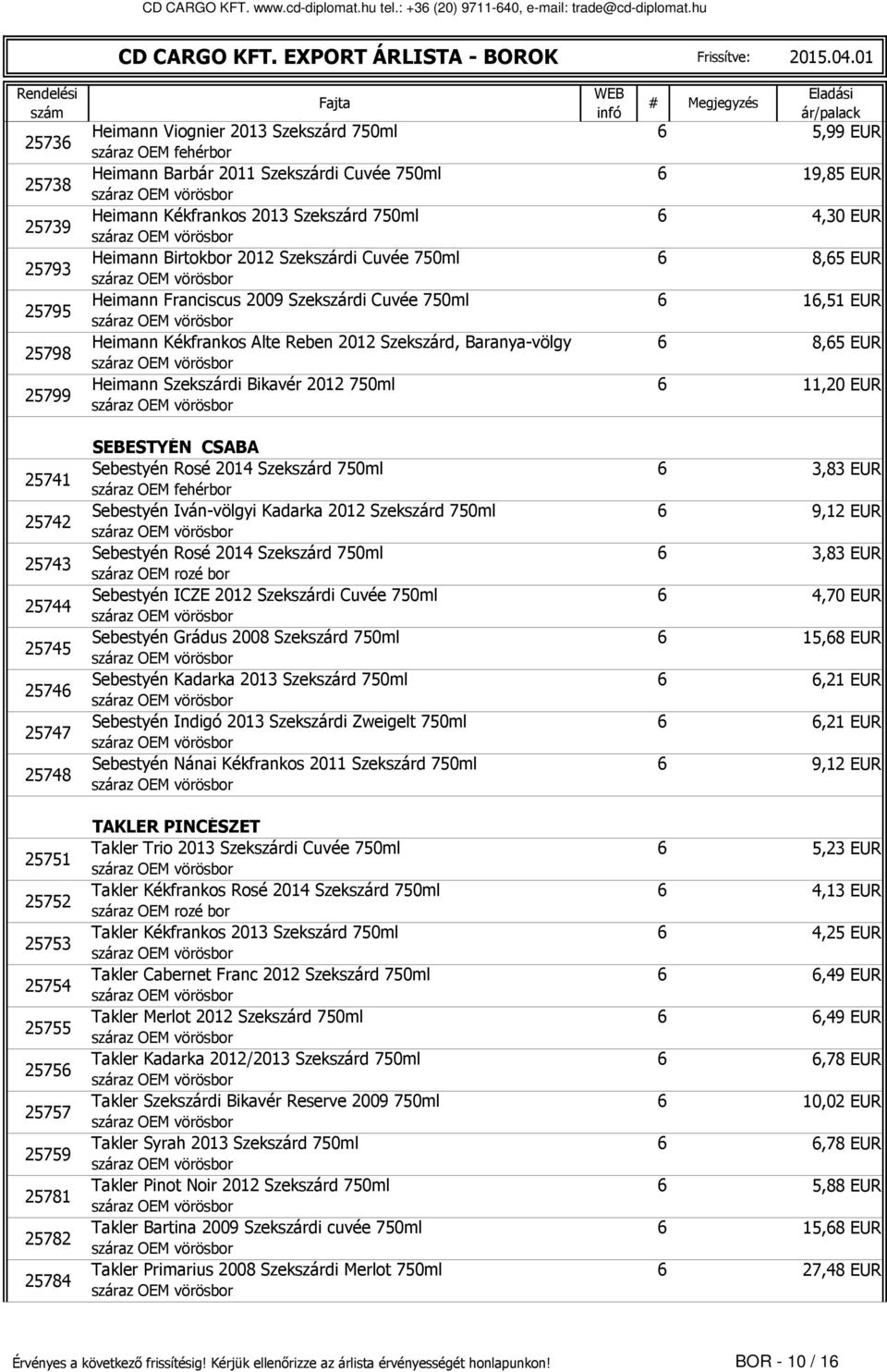 Szekszárd 750ml 6 5,99 EUR Hemann Barbár 2011 Szekszárd Cuvée 750ml 6 19,85 EUR Hemann Kékfrankos 2013 Szekszárd 750ml 6 4,30 EUR Hemann Brtokbor 2012 Szekszárd Cuvée 750ml 6 8,65 EUR Hemann