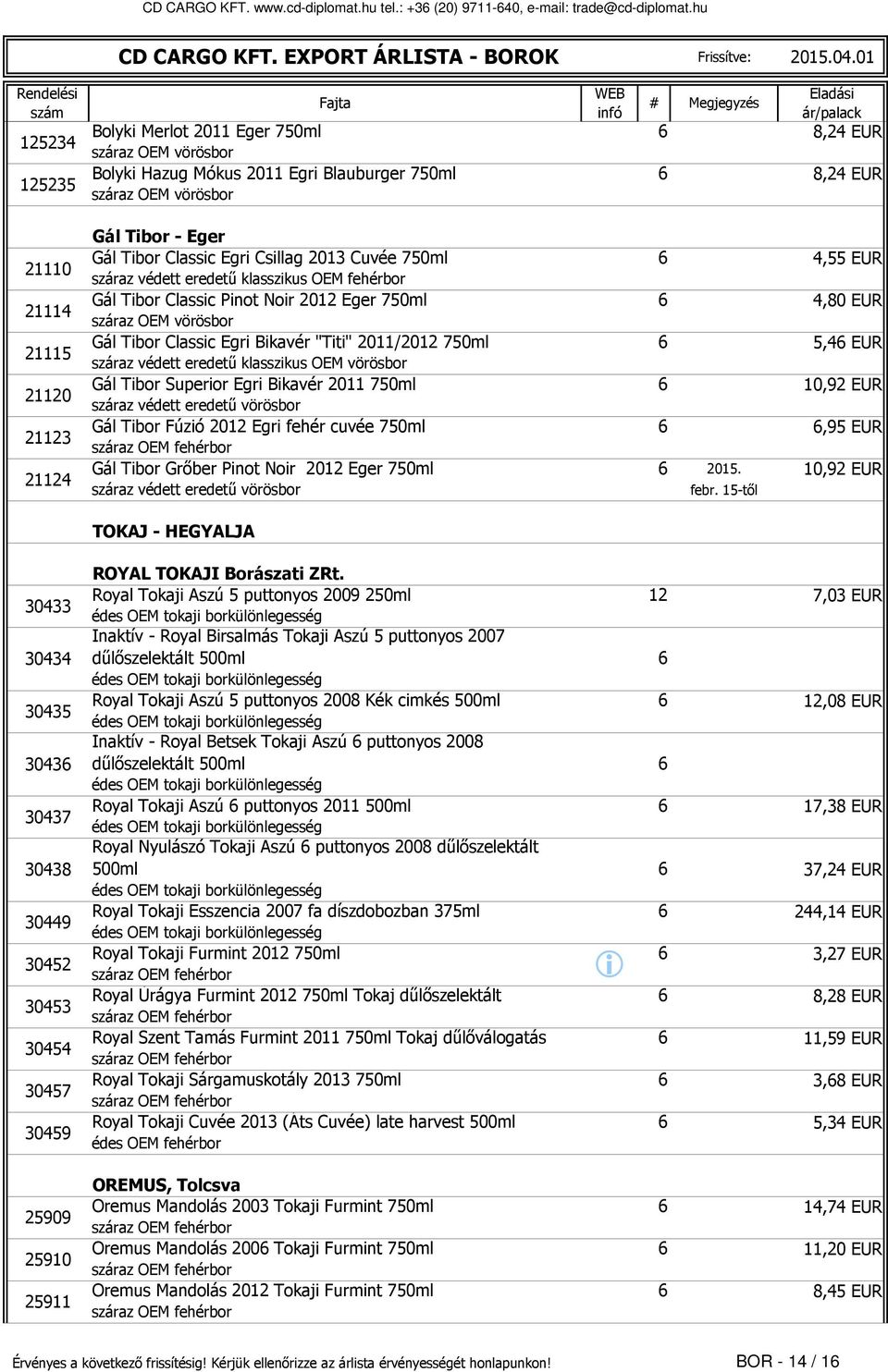 Egr Csllag 2013 Cuvée 750ml 6 4,55 EUR száraz védett eredetű klasszkus OEM fehérbor Gál Tbor Classc Pnot Nor 2012 Eger 750ml 6 4,80 EUR Gál Tbor Classc Egr Bkavér "Tt" 2011/2012 750ml 6 5,46 EUR Gál