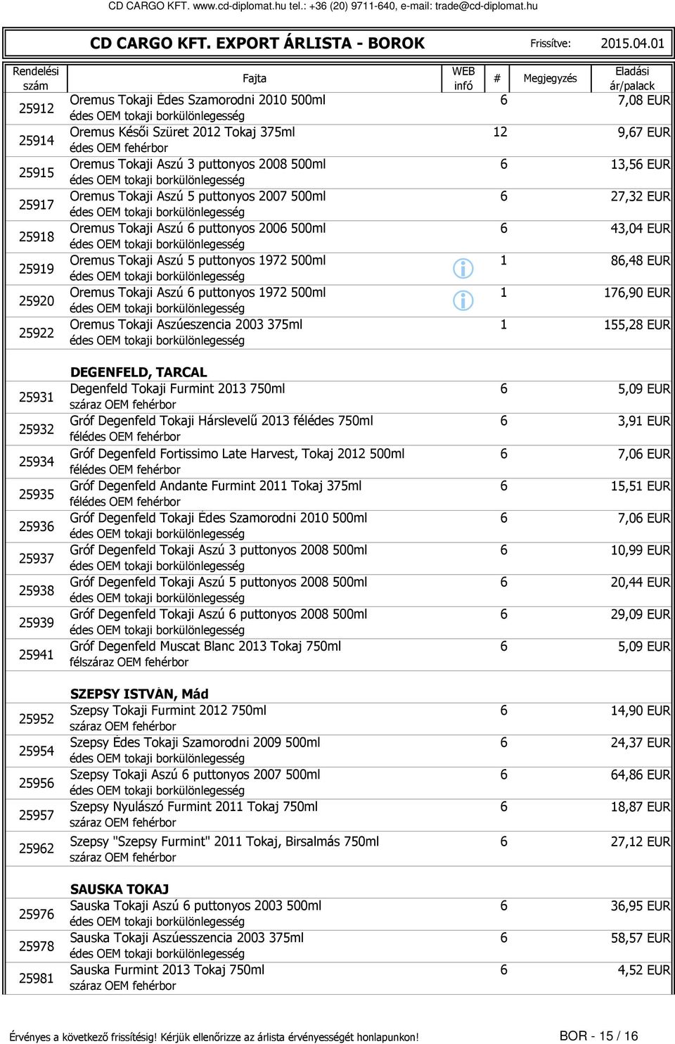 Tokaj Aszú 3 puttonyos 2008 500ml 6 13,56 EUR édes OEM tokaj borkülönlegesség 25917 Oremus Tokaj Aszú 5 puttonyos 2007 500ml 6 27,32 EUR édes OEM tokaj borkülönlegesség 25918 Oremus Tokaj Aszú 6
