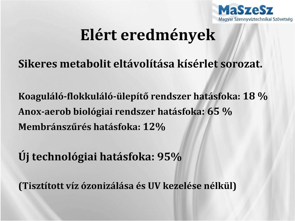 biológiai rendszer hatásfoka: 65 % Membránszűrés hatásfoka: 12% Új