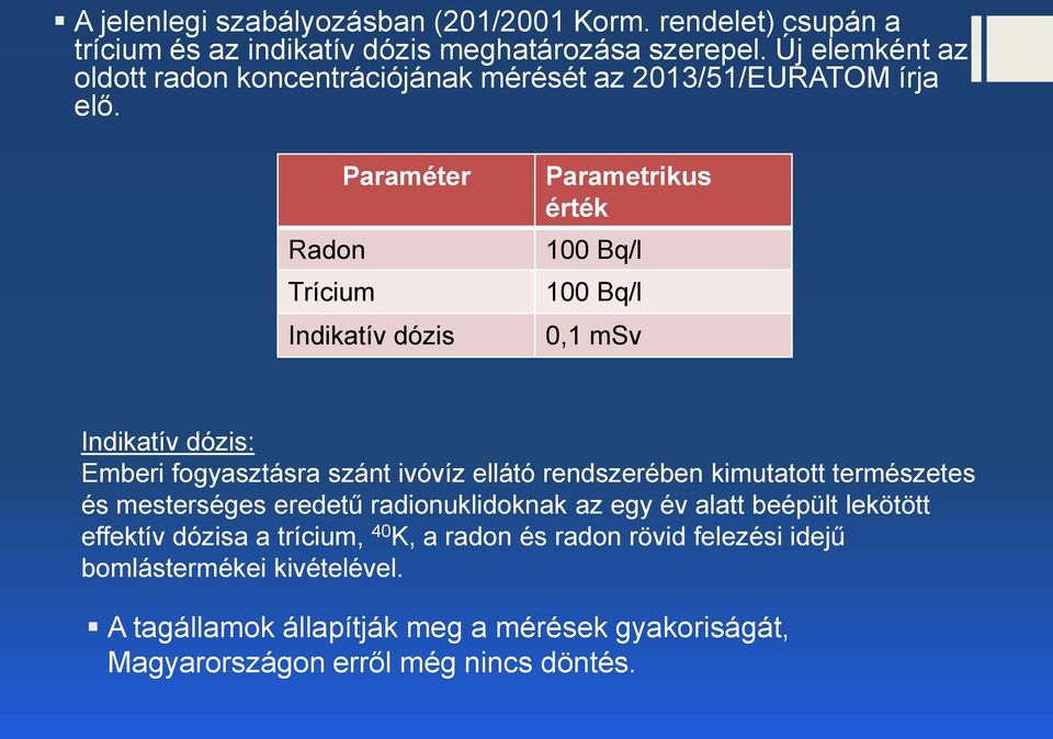 Paraméter Radon Trícium Indikatív dózis Parametrikus érték 100 Bq/l 100 Bq/l 0,1 msv Indikatív dózis: Emberi fogyasztásra szánt ivóvíz ellátó rendszerében