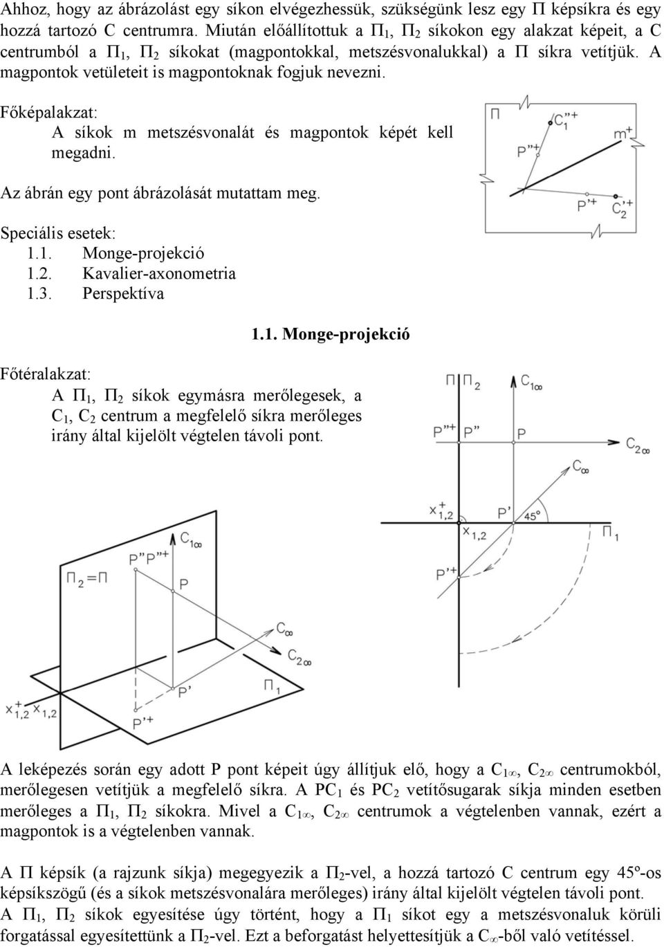 A magpontok vetületeit is magpontoknak fogjuk nevezni. A síkok m metszésvonalát és magpontok képét kell megadni. Az ábrán egy pont ábrázolását mutattam meg. Speciális esetek: 1.1. Monge-projekció 1.2.