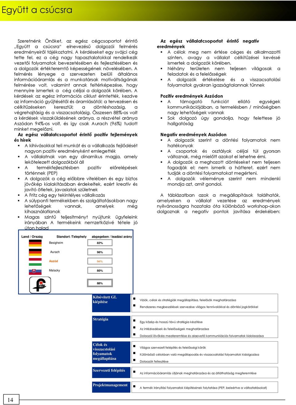 A felmérés lényege a szervezeten belüli általános információáramlás és a munkatársak motiváltságának felmérése volt, valamint annak feltérképezése, hogy mennyire ismertek a cég céljai a dolgozók