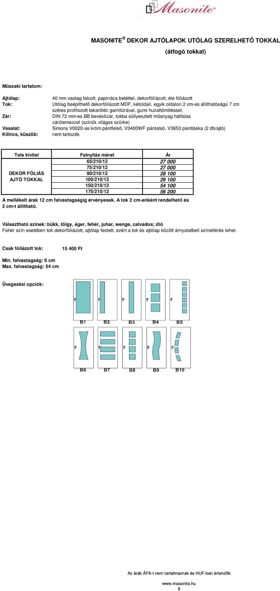 műanyag hátfalas zárólemezzel (színük világos szürke) Simons V0020-as króm pántfelső, V3400WF pántalsó, V3653 pánttáska (2 db/ajtó) nem tartozék Tele kivitel Falnyílás méret 65/210/12 75/210/12 DEKOR