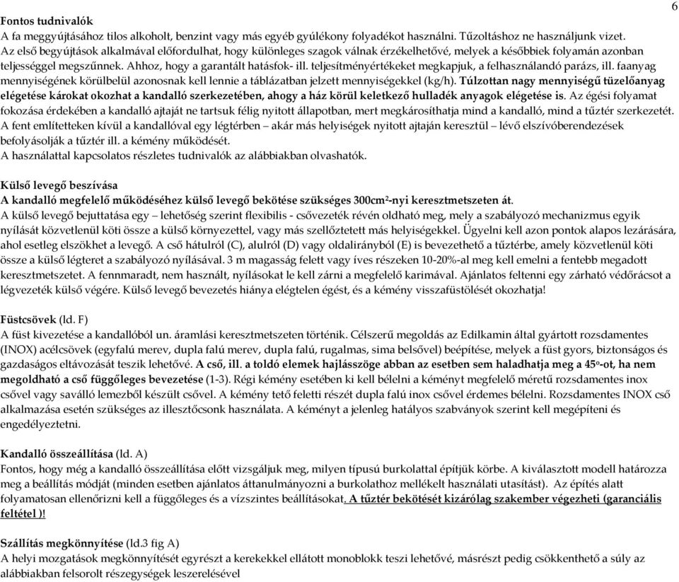 teljesítményértékeket megkapjuk, a felhasználandó parázs, ill. faanyag mennyiségének körülbelül azonosnak kell lennie a táblázatban jelzett mennyiségekkel (kg/h).