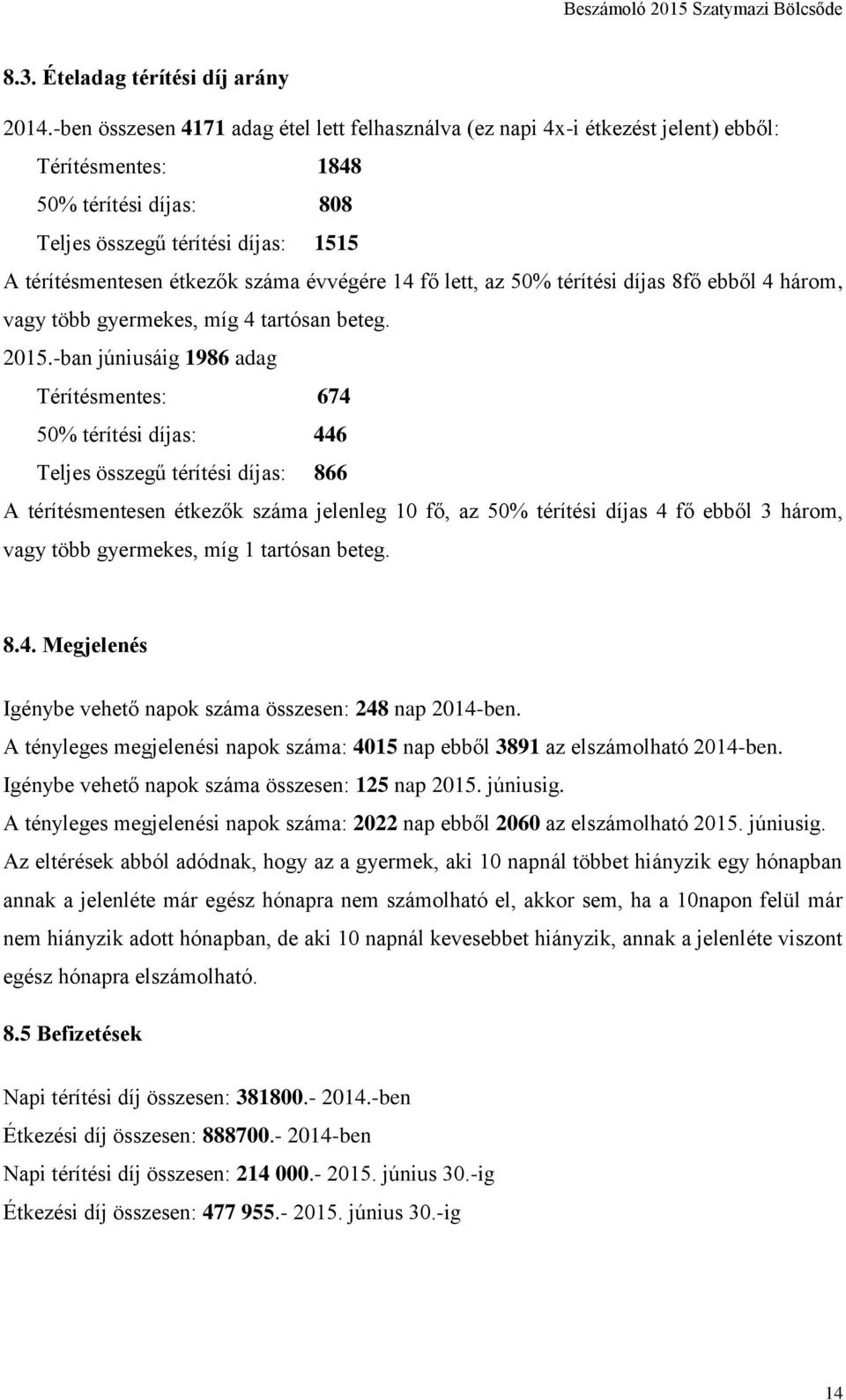 évvégére 14 fő lett, az 50% térítési díjas 8fő ebből 4 három, vagy több gyermekes, míg 4 tartósan beteg. 2015.