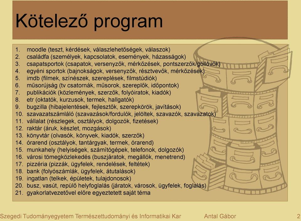 műsorújság (tv csatornák, műsorok, szereplők, időpontok) 7. publikációk (közlemények, szerzők, folyóiratok, kiadók) 8. etr (oktatók, kurzusok, termek, hallgatók) 9.