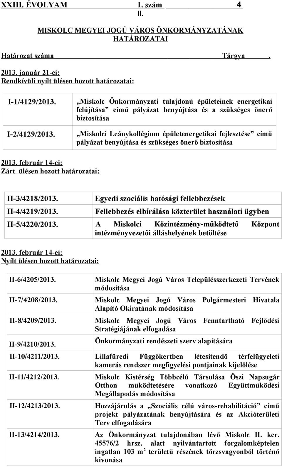 Miskolci Leánykollégium épületenergetikai fejlesztése című pályázat benyújtása és szükséges önerő biztosítása 2013. február 14-ei: Zárt ülésen hozott határozatai: II-3/4218/2013.