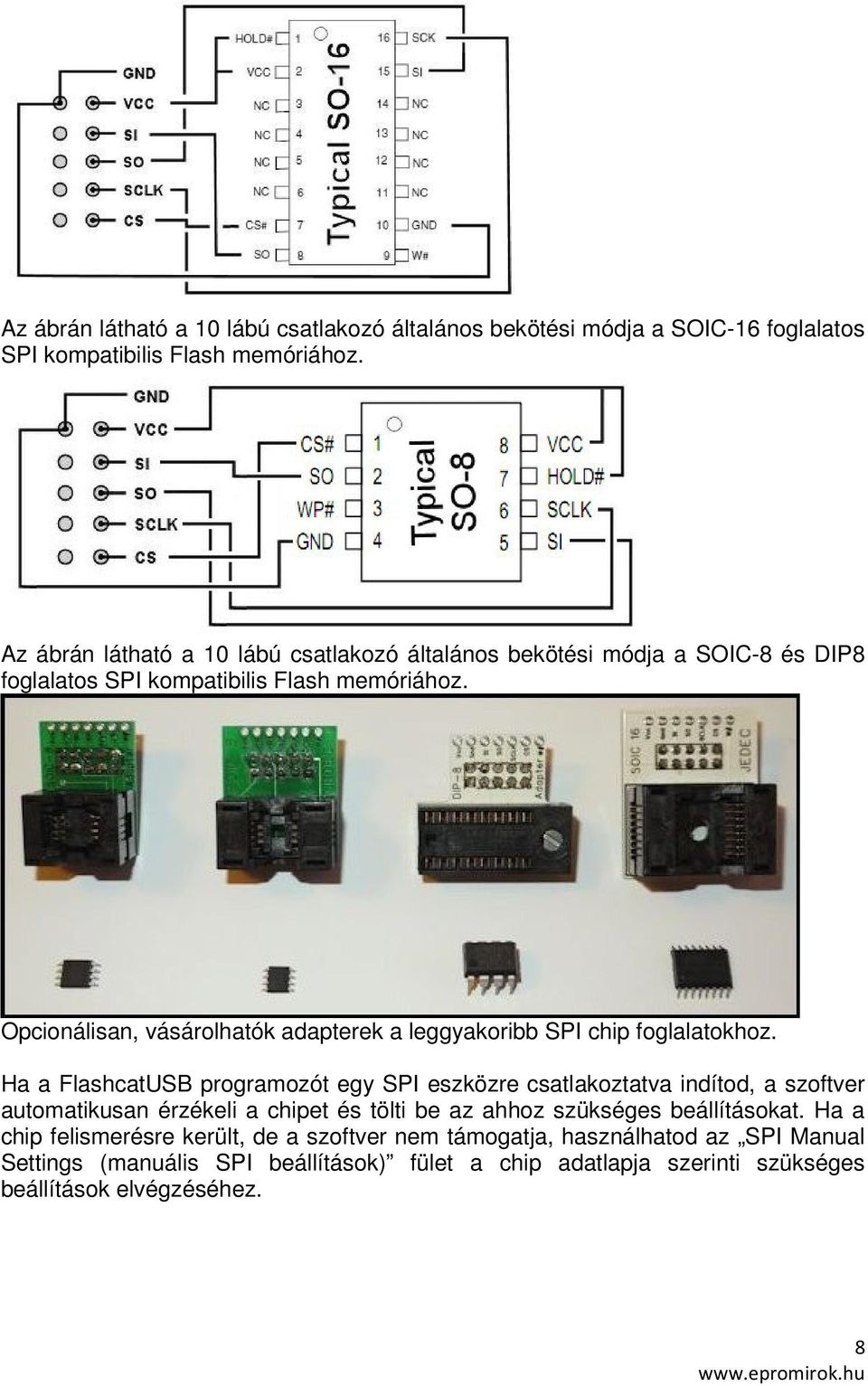 Opcionálisan, vásárolhatók adapterek a leggyakoribb SPI chip foglalatokhoz.