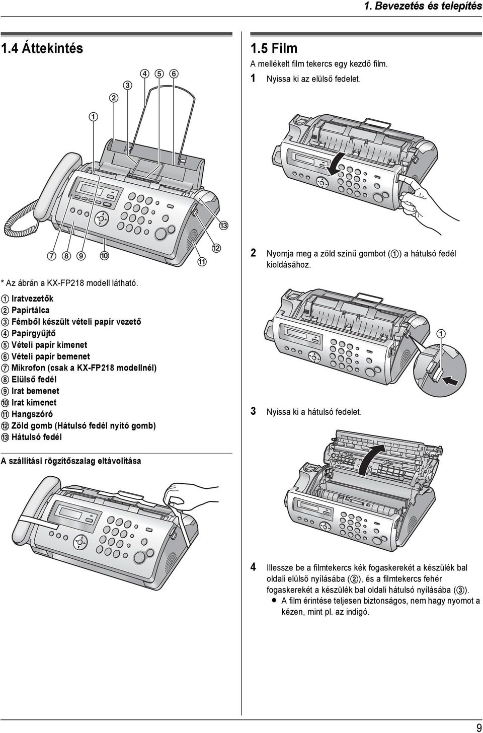 1 Iratvezetők 2 Papírtálca 3 Fémből készült vételi papír vezető 4 Papírgyűjtő 5 Vételi papír kimenet 6 Vételi papír bemenet 7 Mikrofon (csak a KX-FP218 modellnél) 8 Elülső fedél 9 Irat bemenet j Irat