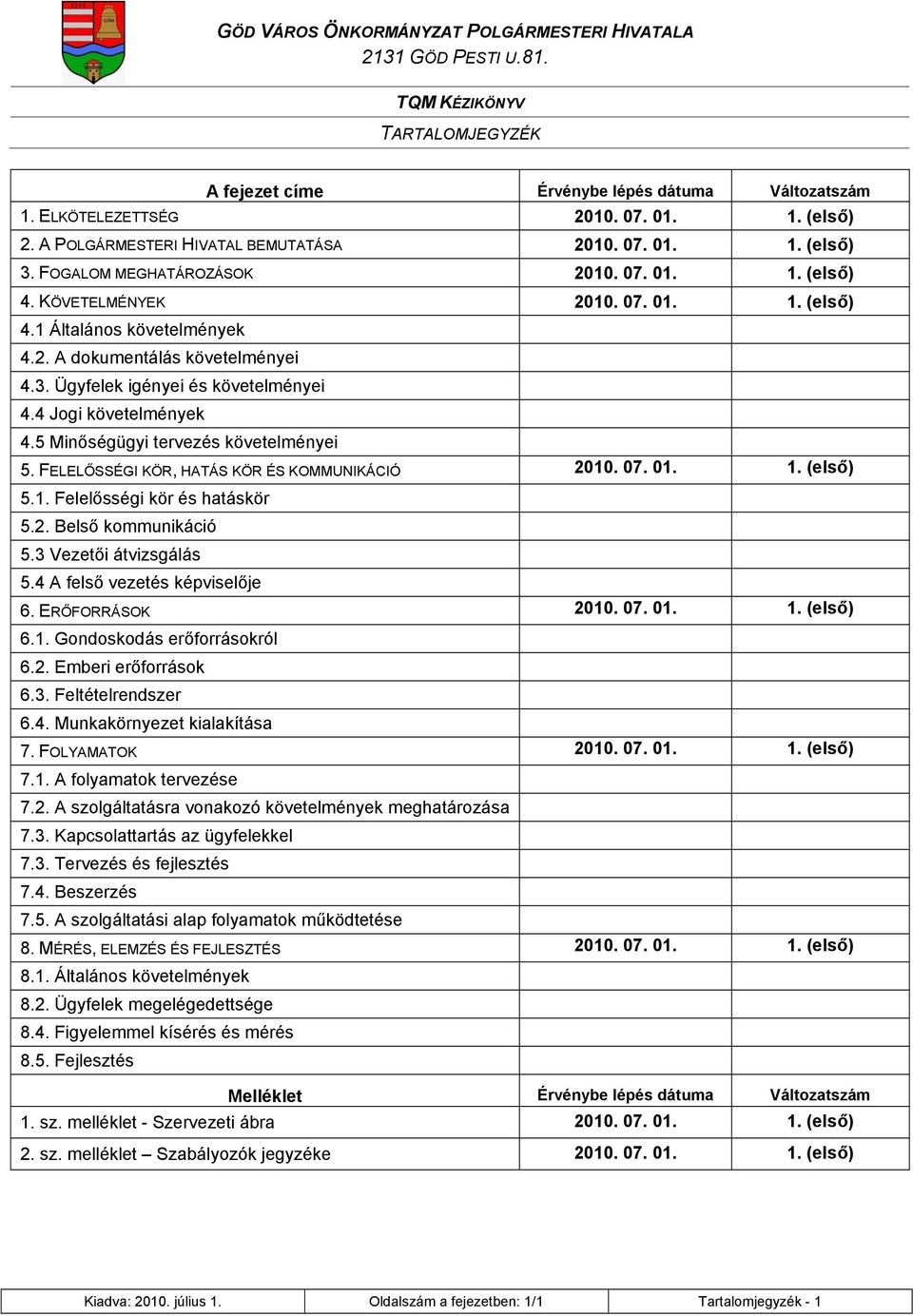 4 Jogi követelmények 4.5 Minőségügyi tervezés követelményei 5. FELELŐSSÉGI KÖR, HATÁS KÖR ÉS KOMMUNIKÁCIÓ 2010. 07. 01. 1. (első) 5.1. Felelősségi kör és hatáskör 5.2. Belső kommunikáció 5.