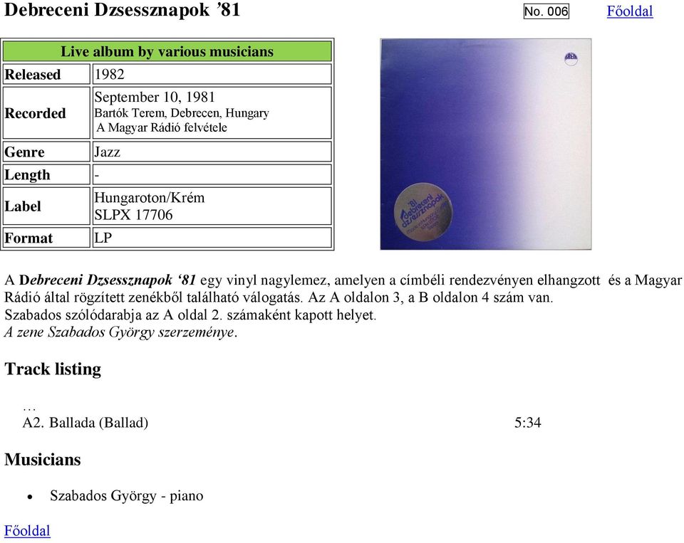 felvétele Jazz Hungaroton/Krém SLPX 17706 LP A Debreceni Dzsessznapok 81 egy vinyl nagylemez, amelyen a címbéli rendezvényen elhangzott