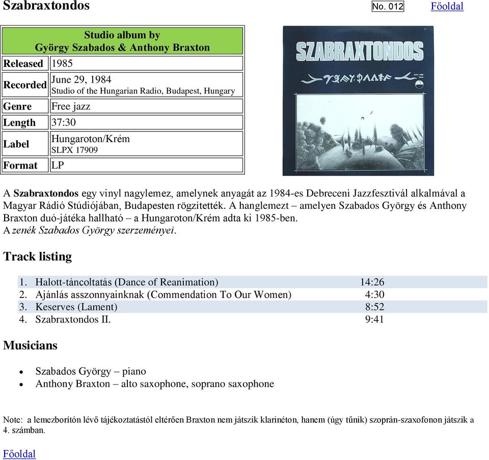 Szabraxtondos egy vinyl nagylemez, amelynek anyagát az 1984-es Debreceni Jazzfesztivál alkalmával a Magyar Rádió Stúdiójában, Budapesten rögzítették.