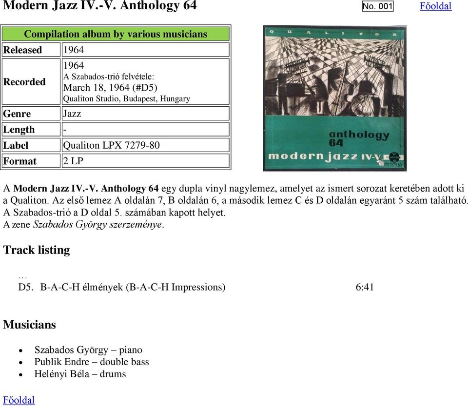 Label Qualiton LPX 7279-80 2 LP A Modern Jazz IV.-V. Anthology 64 egy dupla vinyl nagylemez, amelyet az ismert sorozat keretében adott ki a Qualiton.