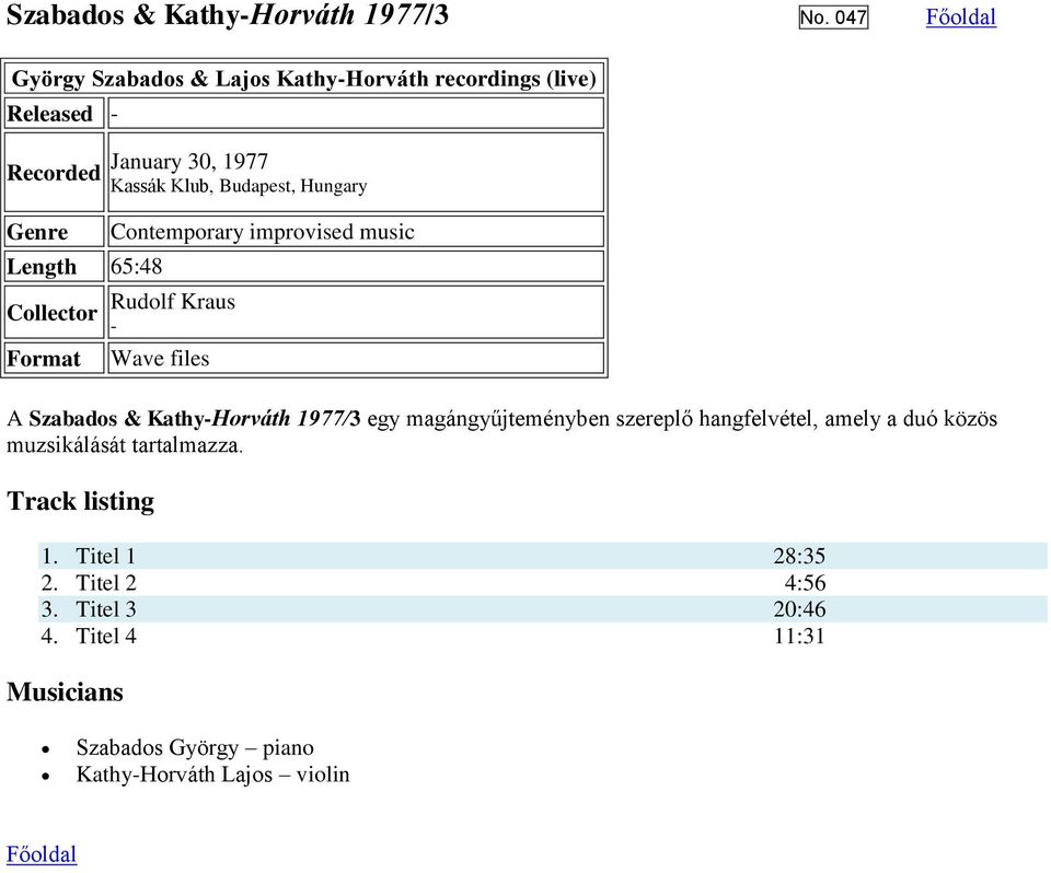 Klub, Budapest, Hungary Contemporary improvised music Rudolf Kraus - Wave files A Szabados & Kathy-Horváth 1977/3 egy
