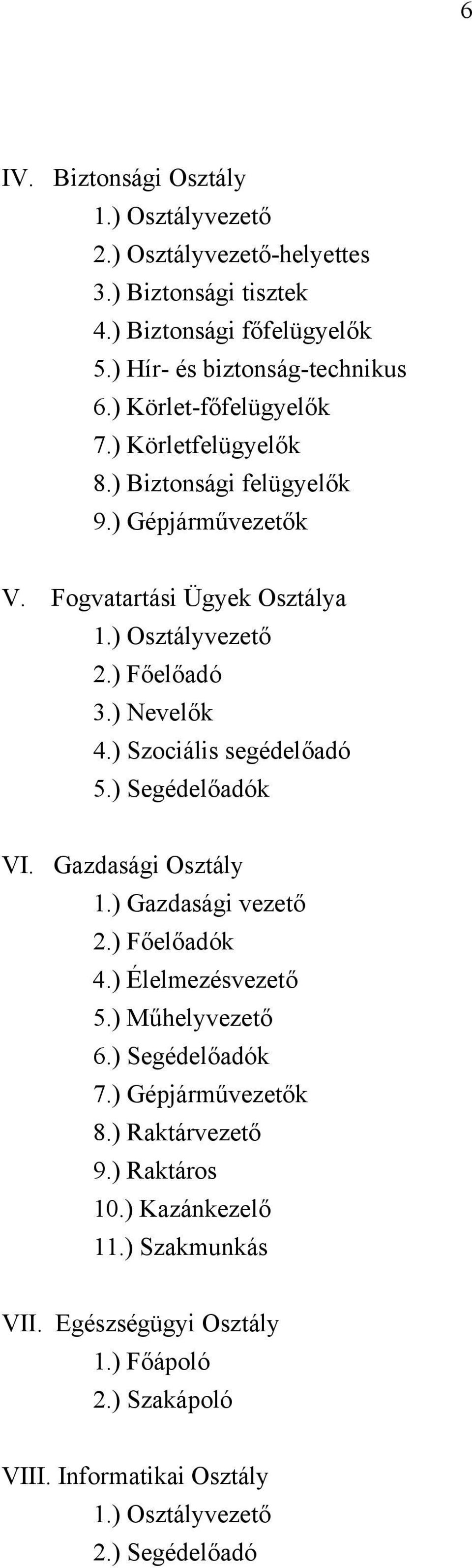 ) Szociális segédelőadó 5.) Segédelőadók VI. Gazdasági Osztály 1.) Gazdasági vezető 2.) Főelőadók 4.) Élelmezésvezető 5.) Műhelyvezető 6.) Segédelőadók 7.