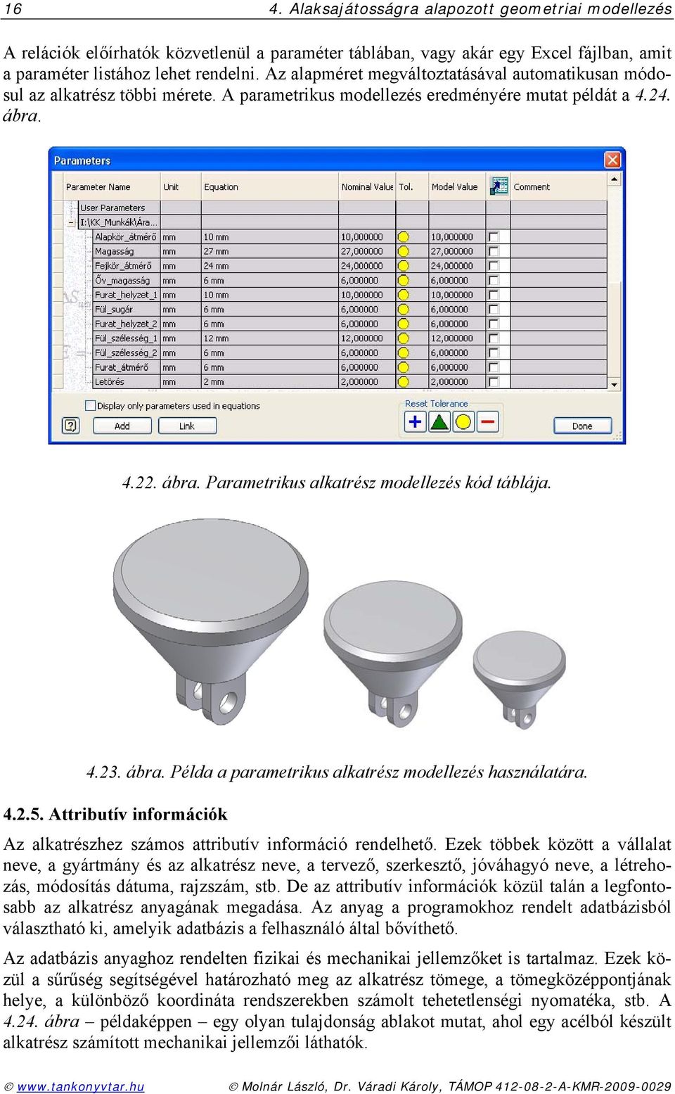 4.23. ábra. Példa a parametrikus alkatrész modellezés használatára. 4.2.5. Attributív információk Az alkatrészhez számos attributív információ rendelhető.