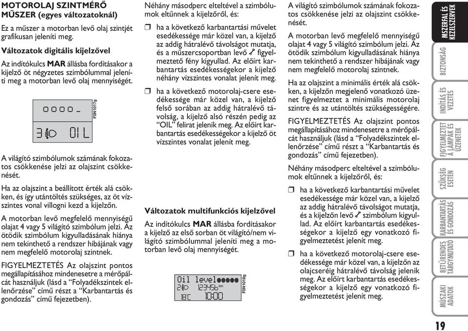 A világító szimbólumok számának fokozatos csökkenése jelzi az olajszint csökkenését.