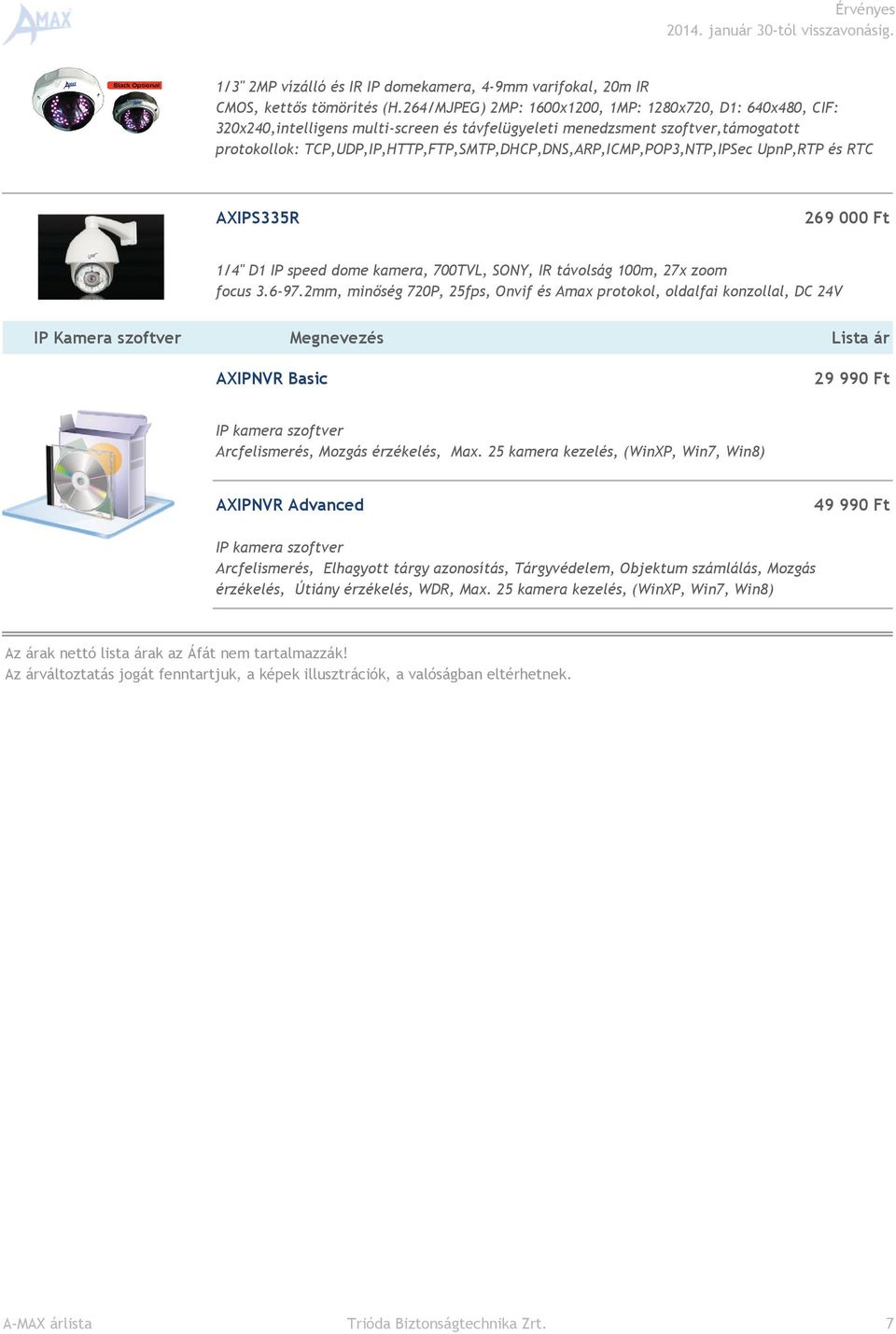 TCP,UDP,IP,HTTP,FTP,SMTP,DHCP,DNS,ARP,ICMP,POP3,NTP,IPSec UpnP,RTP és RTC AXIPS335R 269 000 1/4" D1 IP speed dome kamera, 700TVL, SONY, IR távolság 100m, 27x zoom focus 3.6-97.