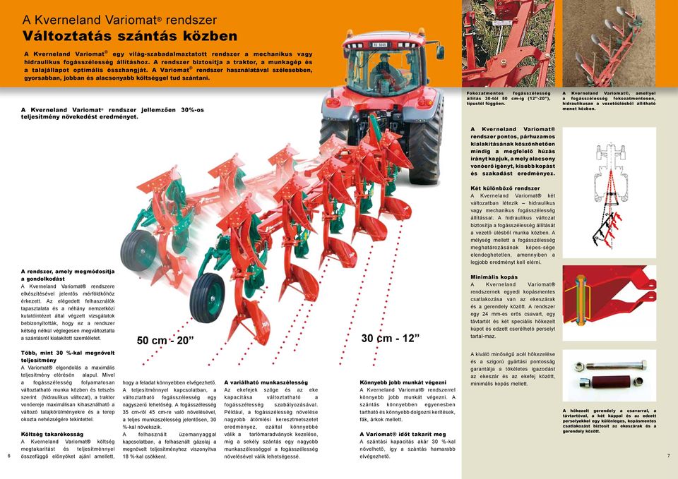 A Kverneland Variomat rendszer jellemzően 30%-os teljesítmény növekedést eredményet. Fokozatmentes fogásszélesség állítás 30-tól 50 cm-ig (12-20 ), típustól függően.